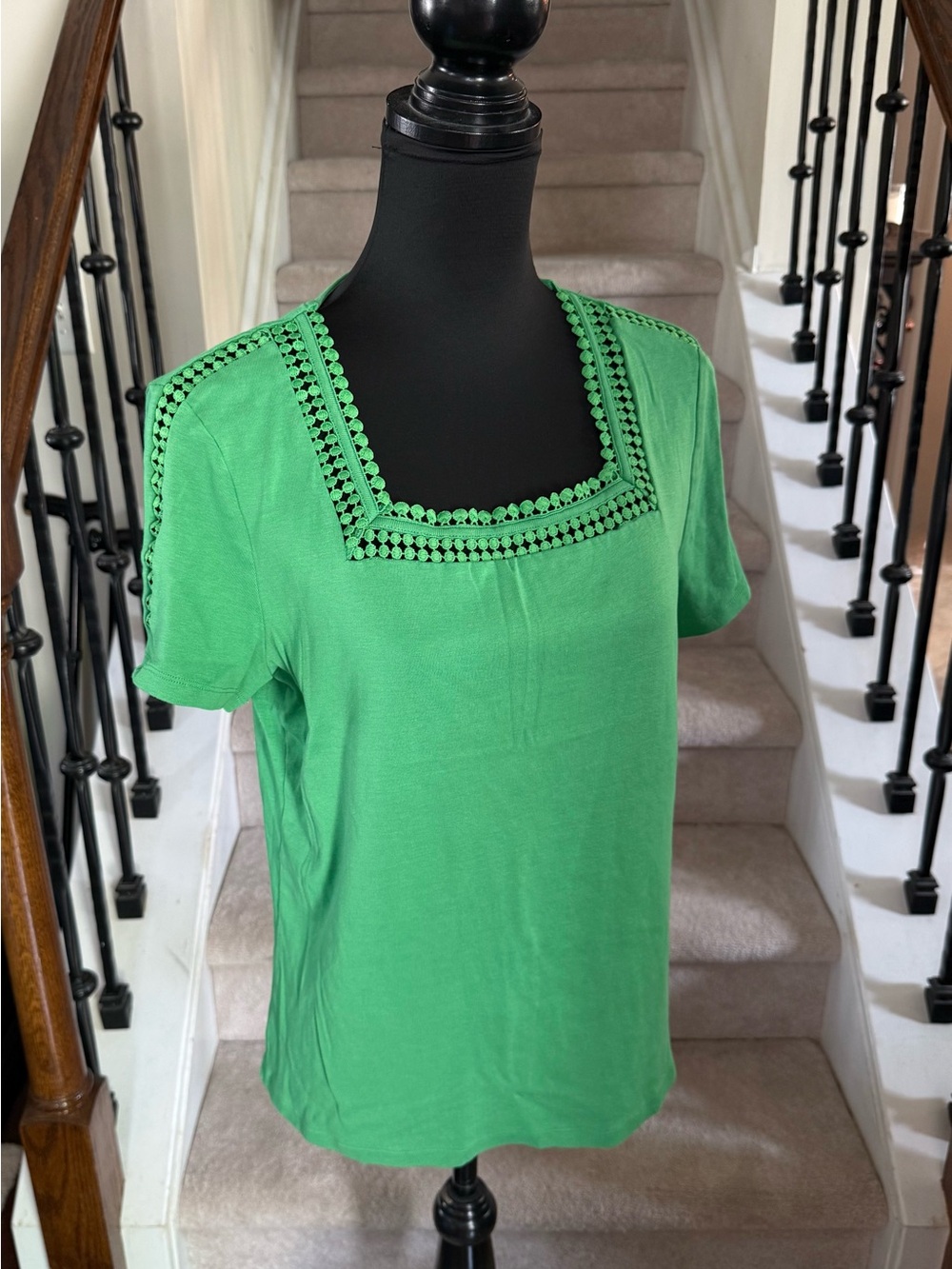 Rafaella Green Square-Neck Crochet Trim Short Sleeve Top